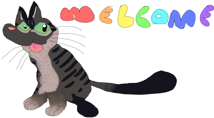 drawing of a gray striped kitty sticking his tongue out and smiling, next to him there is bubble text in rainbow colors reading 'welcome'